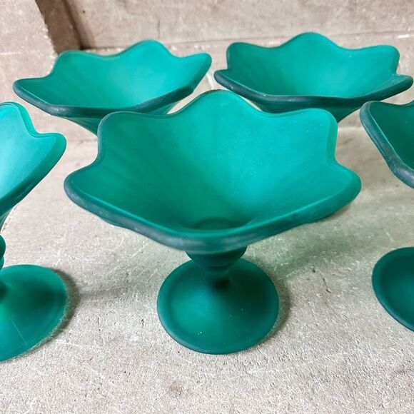 Fidenza Vintage 1960s Glass Dessert Ice Cream Coupes Cups Teal Frosted x5 Italy - Picture 3 of 5